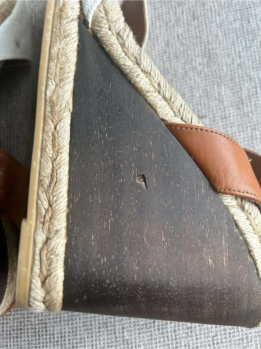 Tory Burch Brown Leather and Tan Strap Espadrille Wedges with White Canvas Heel